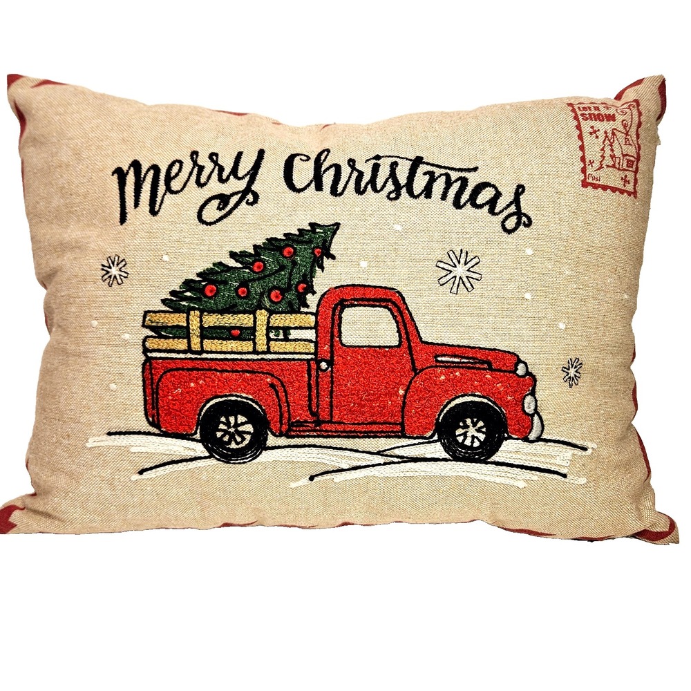 Merry Christmas Decor Throw Pillow Red‎ Truck Tree 18x12 Textured Zipper Closure